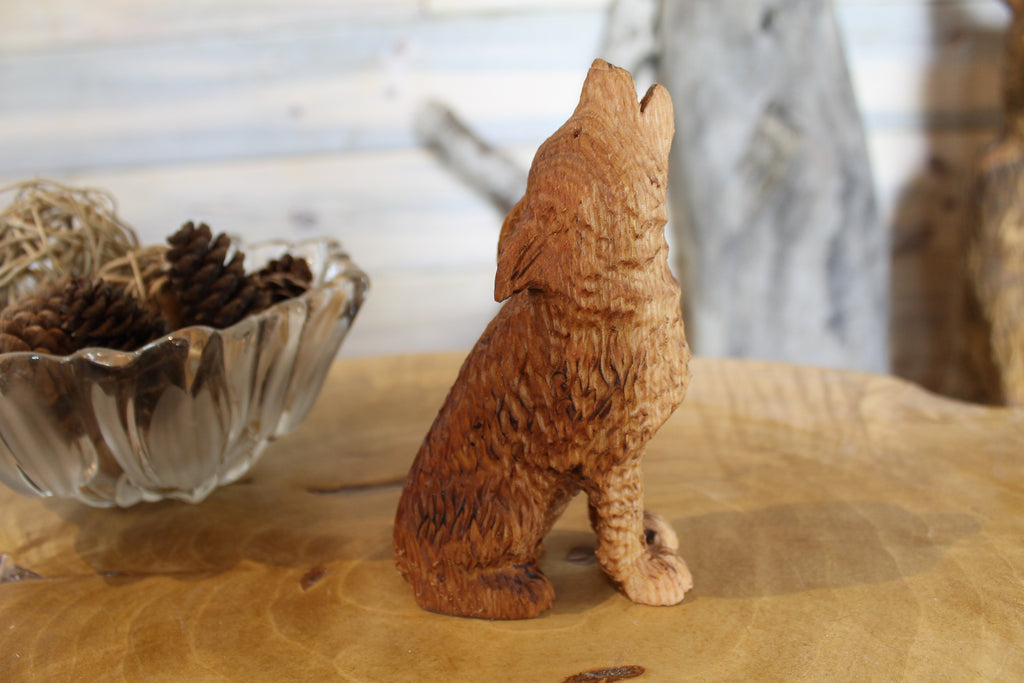 Hand Carved Wooden Howling Wolf Large Figurine