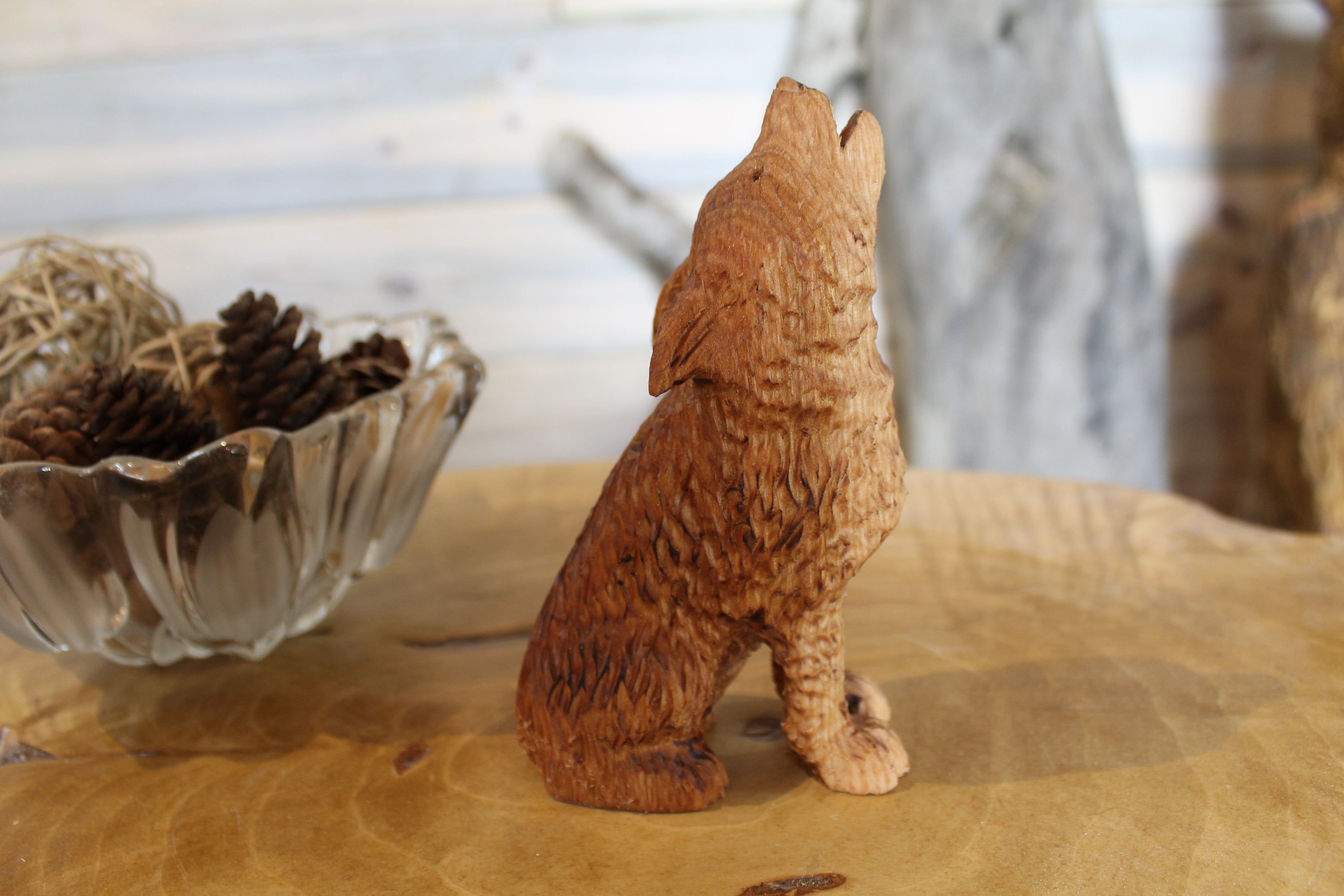 Hand Carved Wooden Howling Wolf Large Figurine
