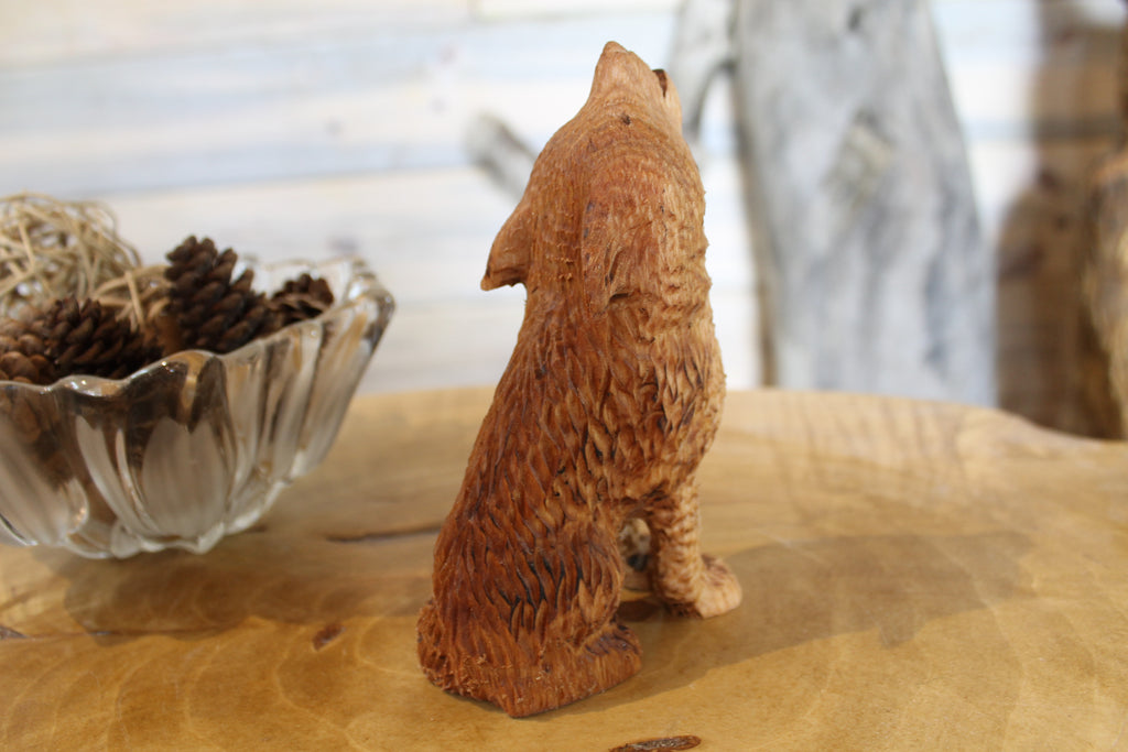 Hand Carved Wooden Howling Wolf Large Figurine