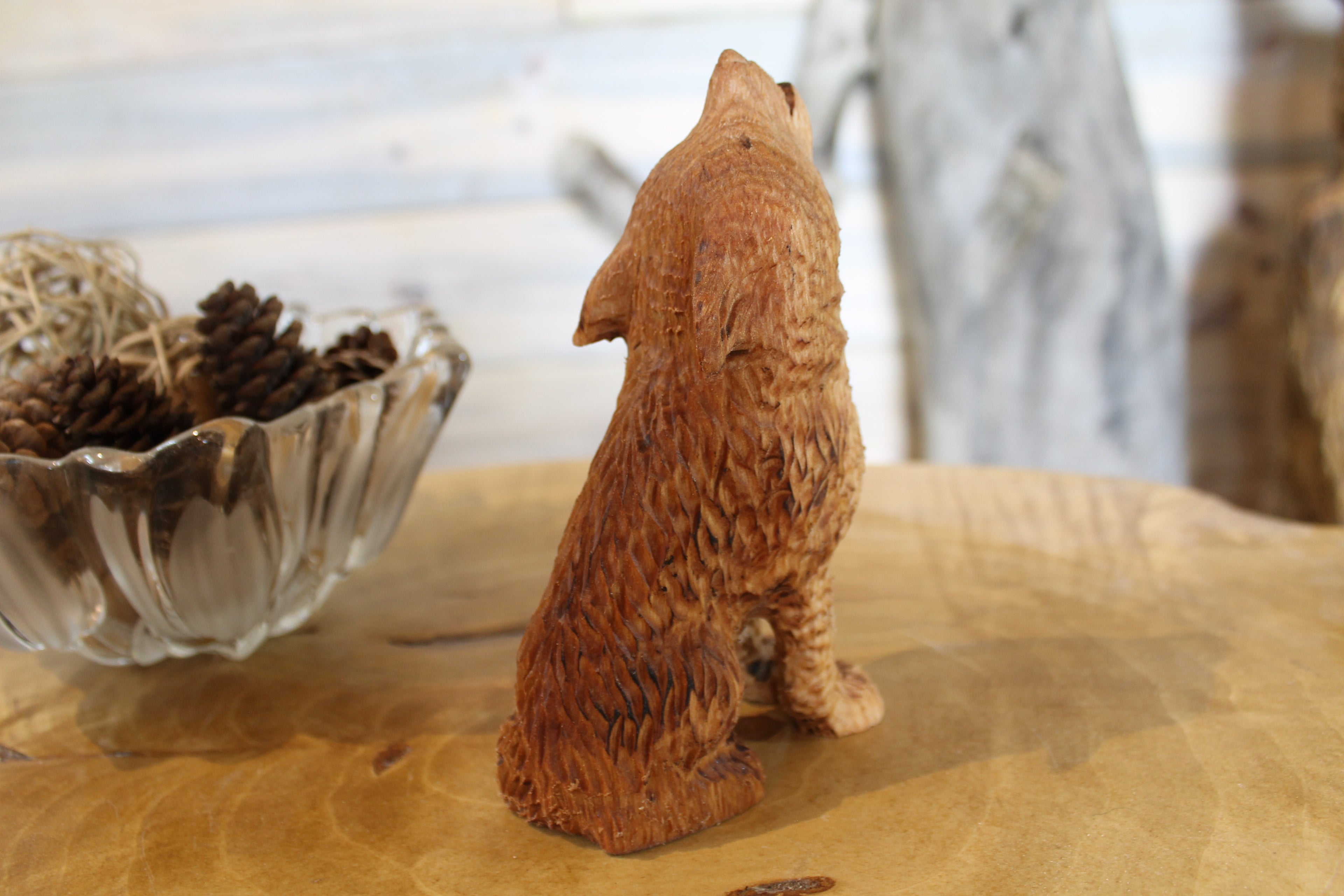 Hand Carved Wooden Howling Wolf Large Figurine