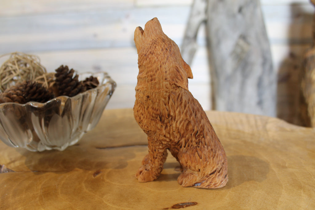 Hand Carved Wooden Howling Wolf Large Figurine