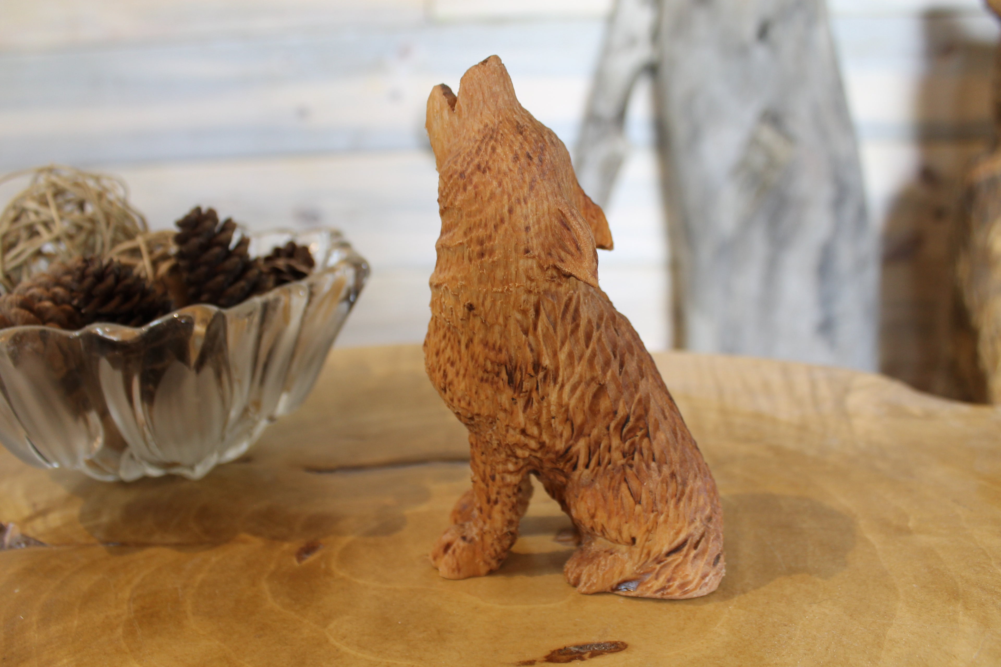 Hand Carved Wooden Howling Wolf Large Figurine