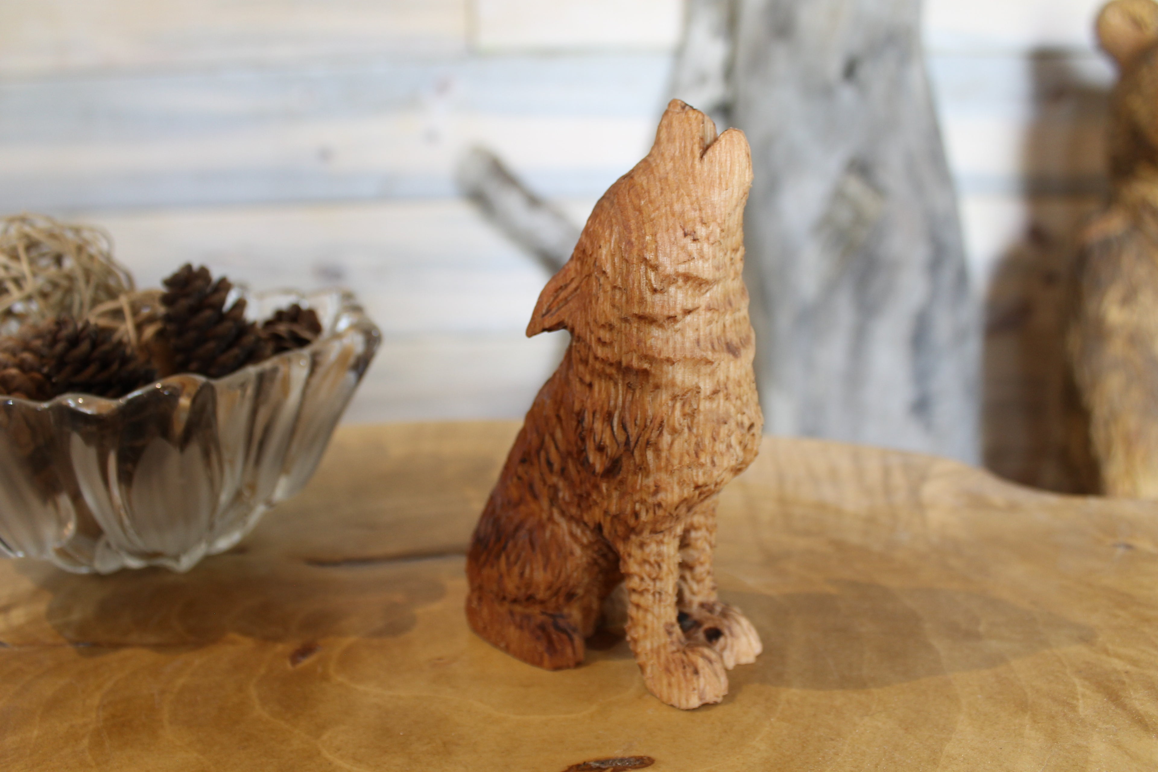 Hand Carved Wooden Howling Wolf Large Figurine