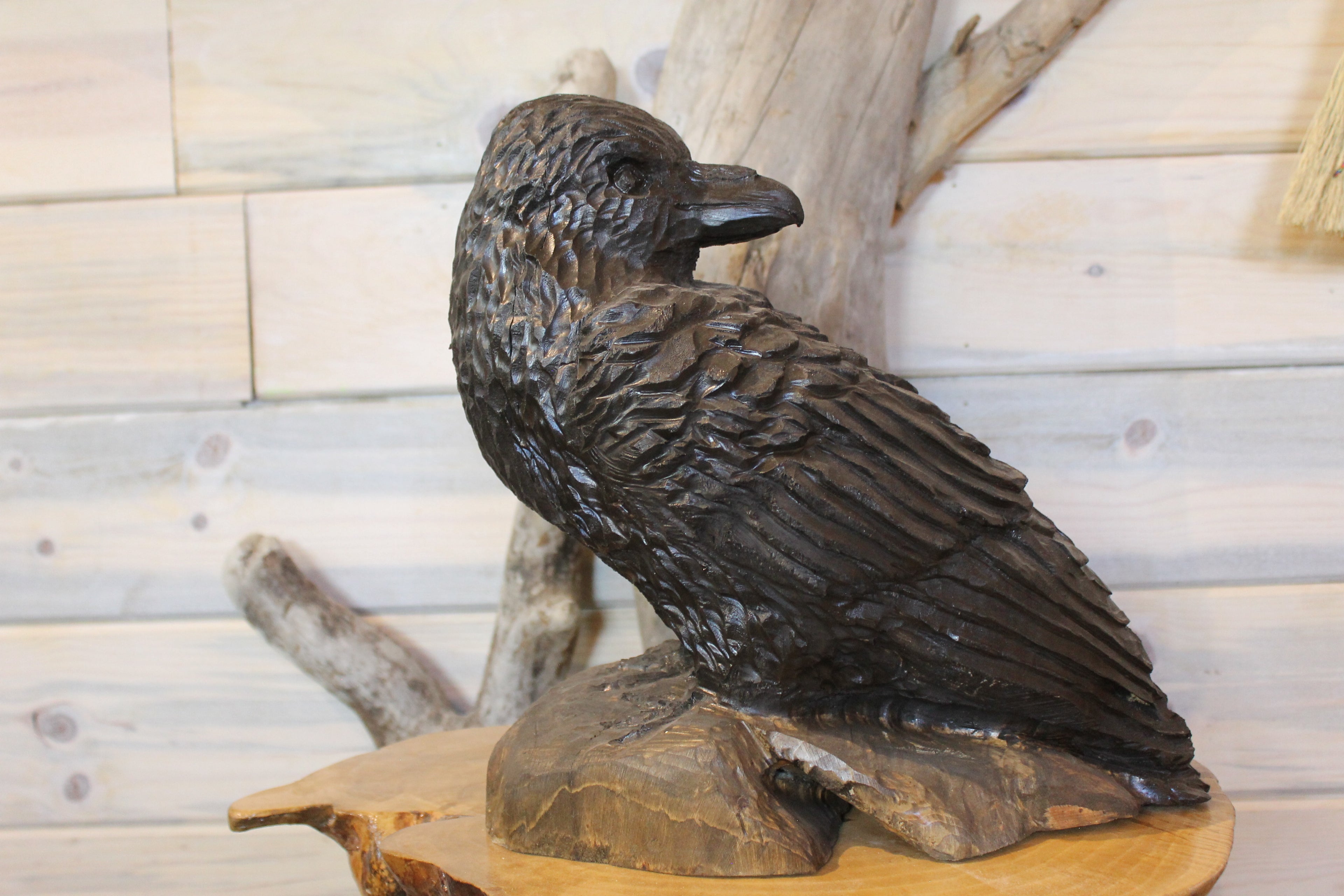 Chainsaw Carved Wooden Raven Statue