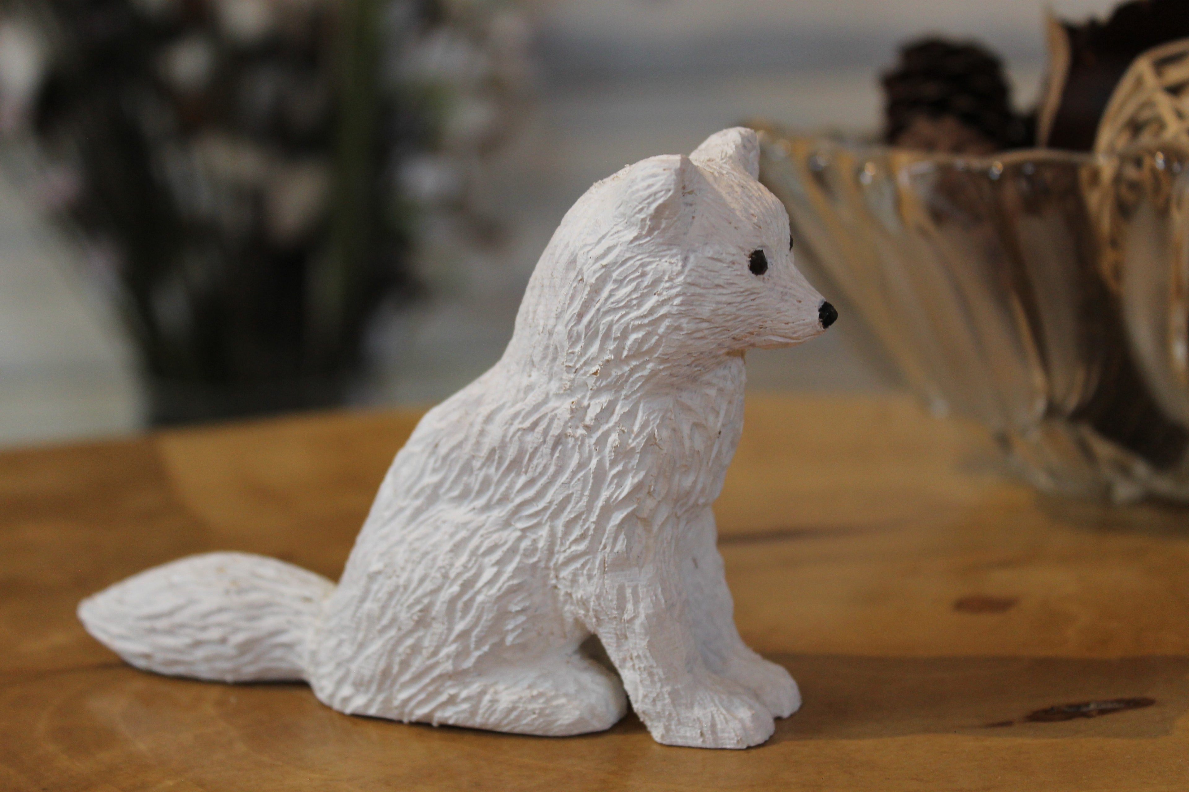 Hand Carved Wooden Arctic Fox Figurine