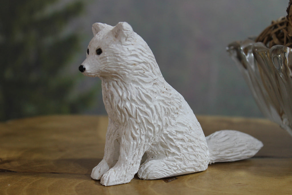Hand Carved Wooden Arctic Fox Figurine