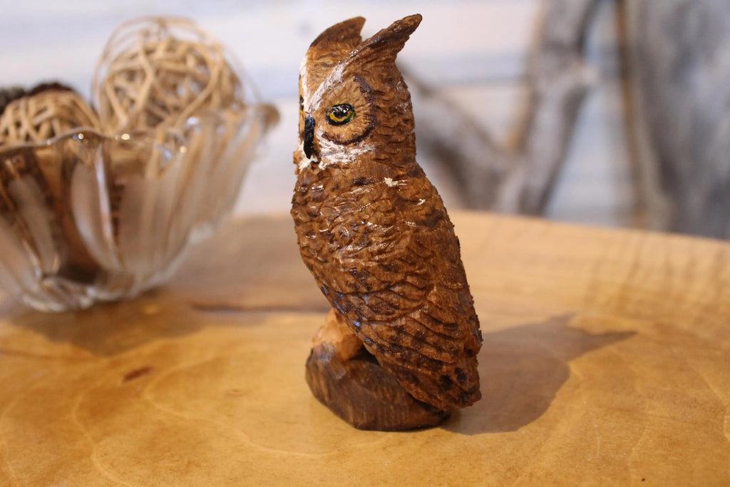 Hand Carved Wooden Horned Owl