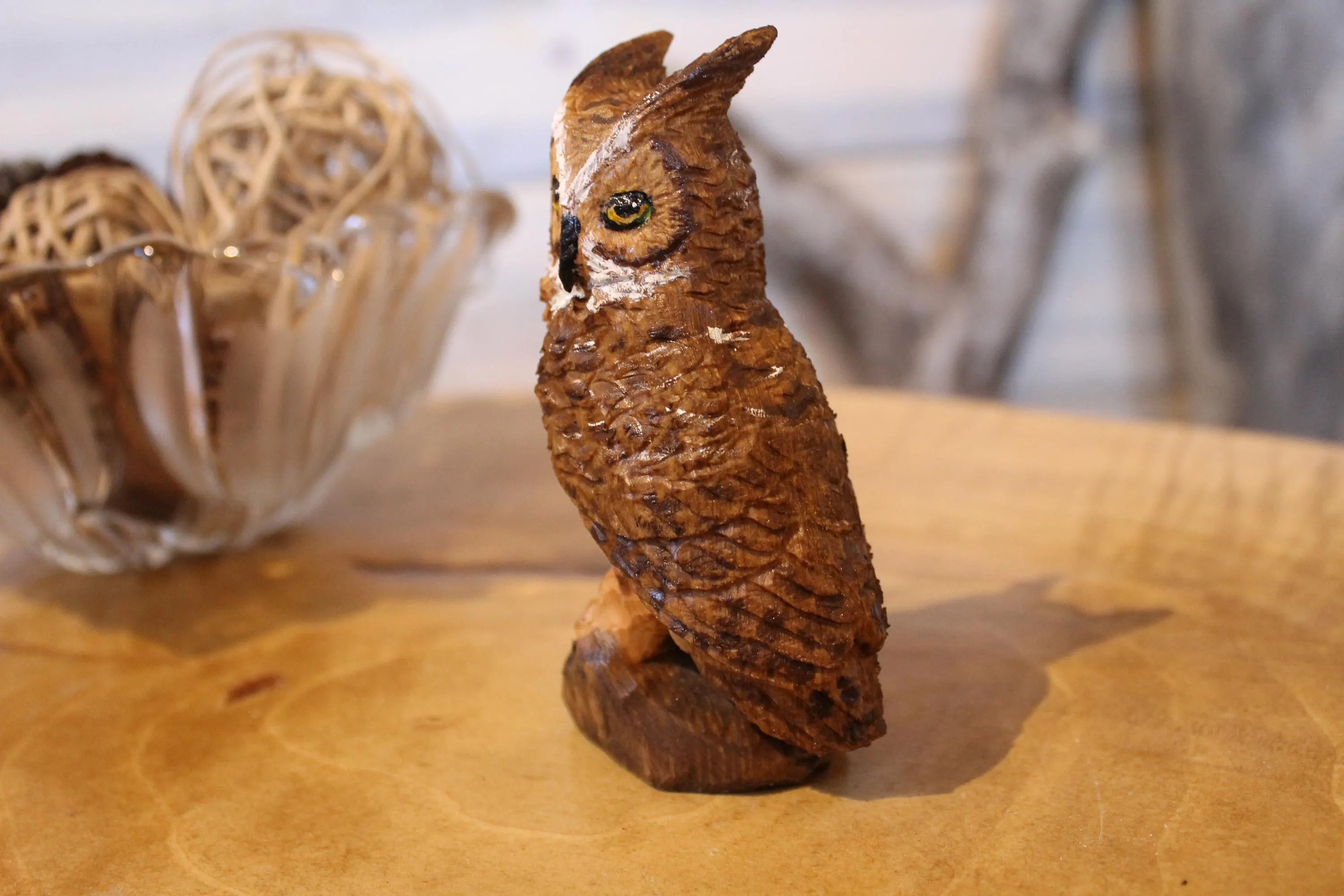 Hand Carved Wooden Horned Owl