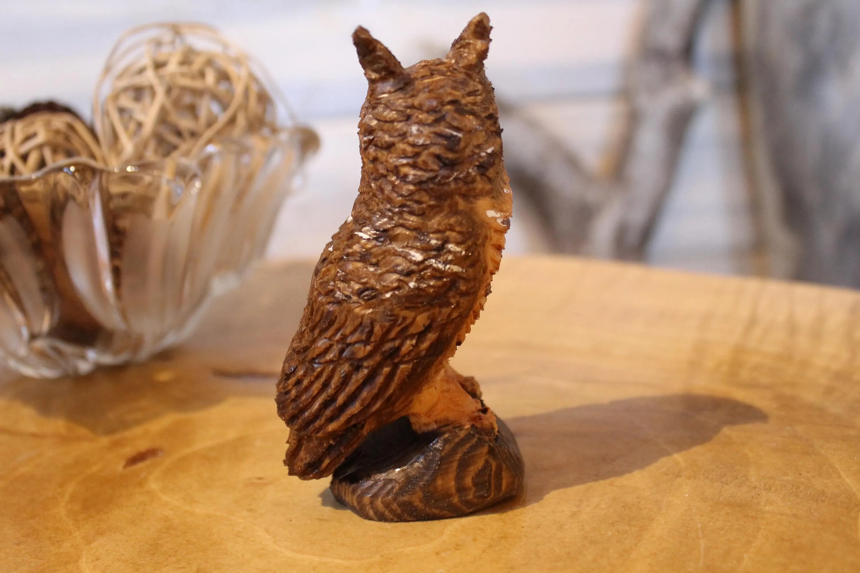 Hand Carved Wooden Horned Owl