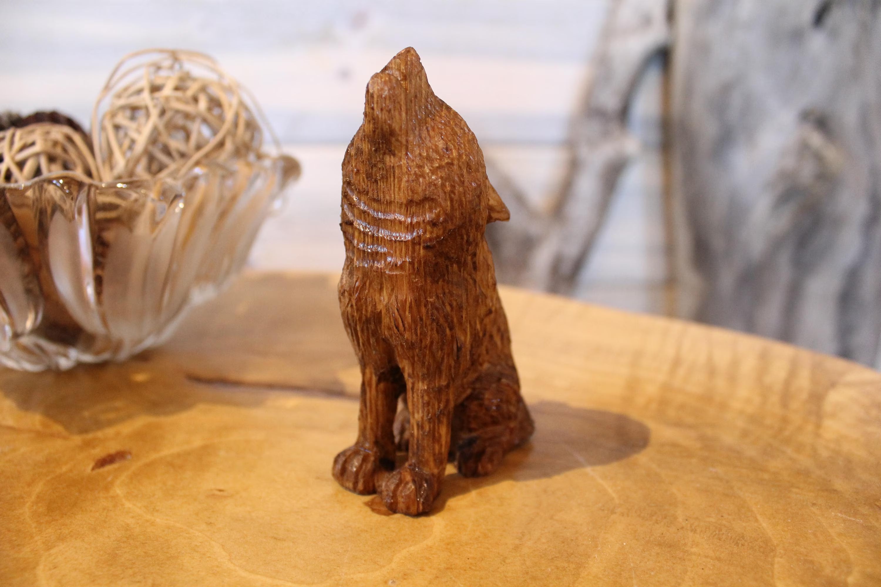 Hand Carved Wooden Howling Wolf
