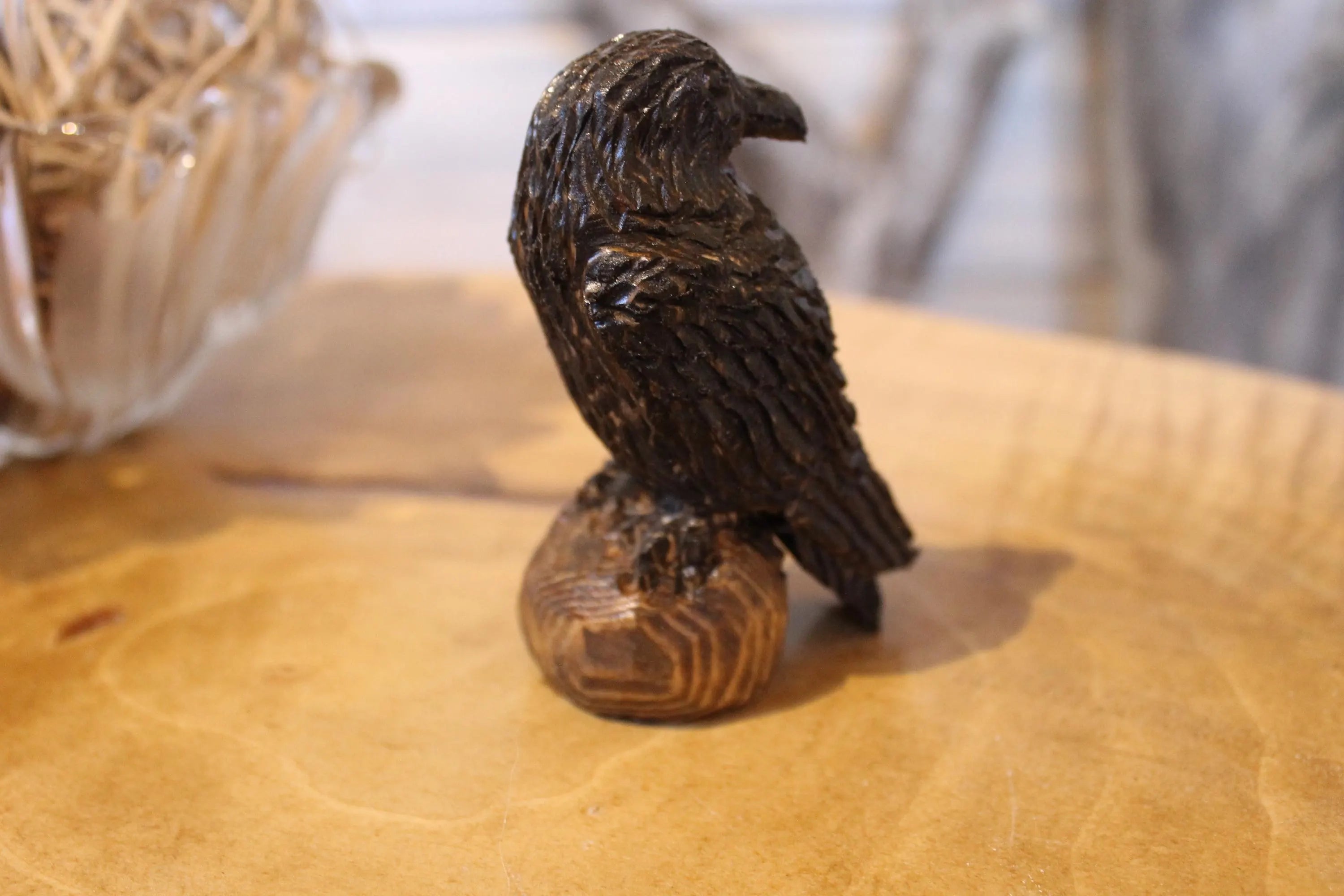 Hand Carved Wooden Raven Figurine
