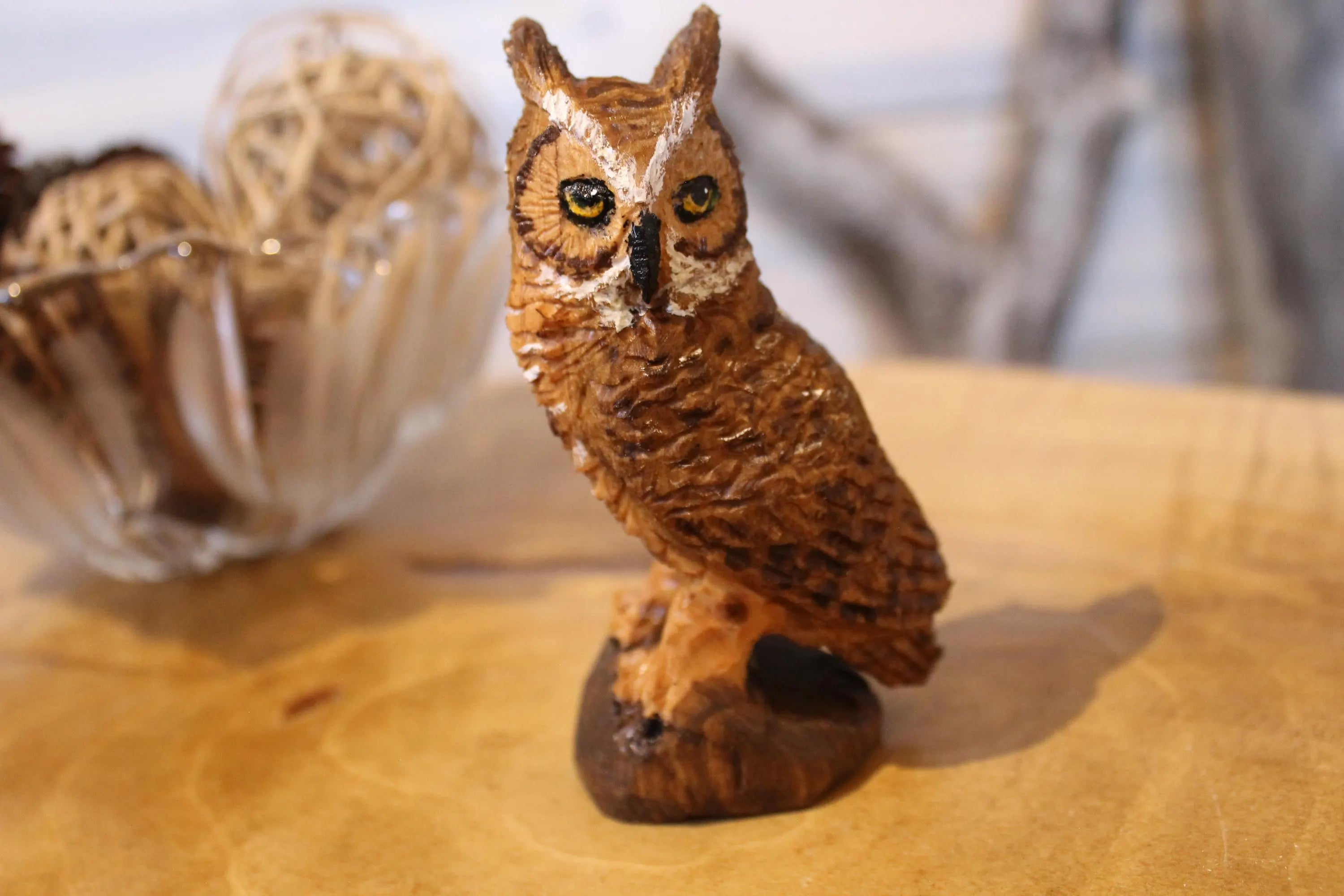 Hand Carved Wooden Horned Owl