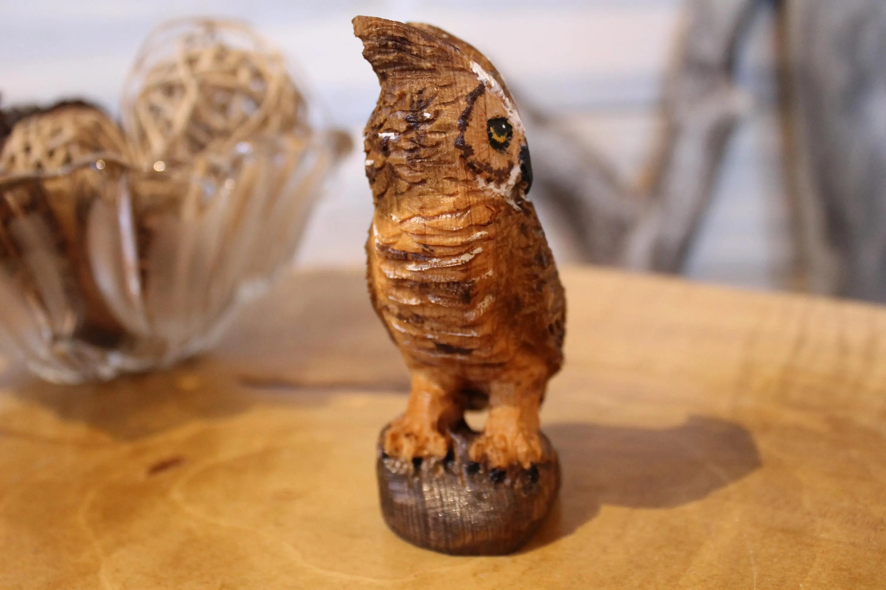 Hand Carved Wooden Horned Owl