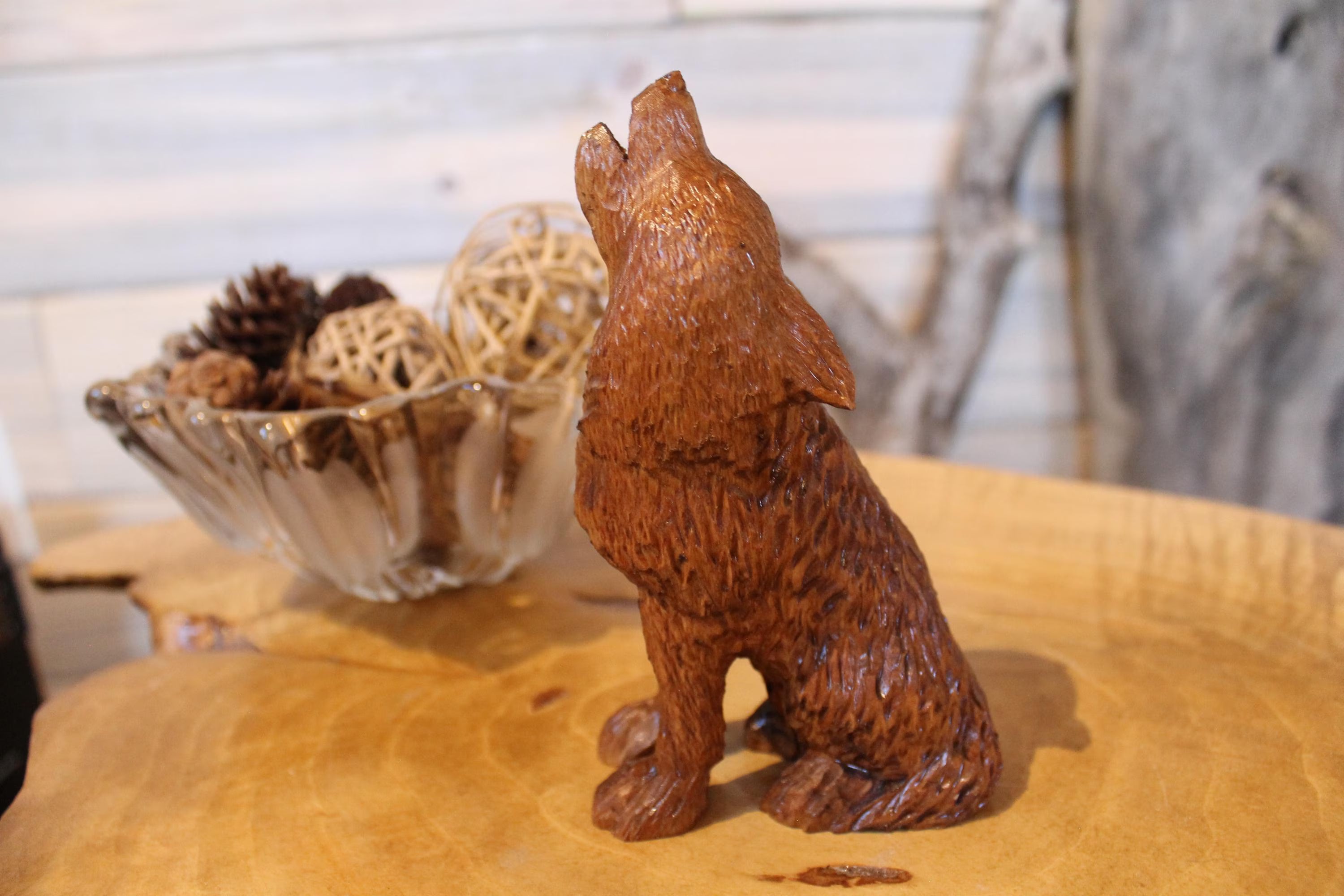 Hand Carved Wooden Howling Wolf Large Figurine