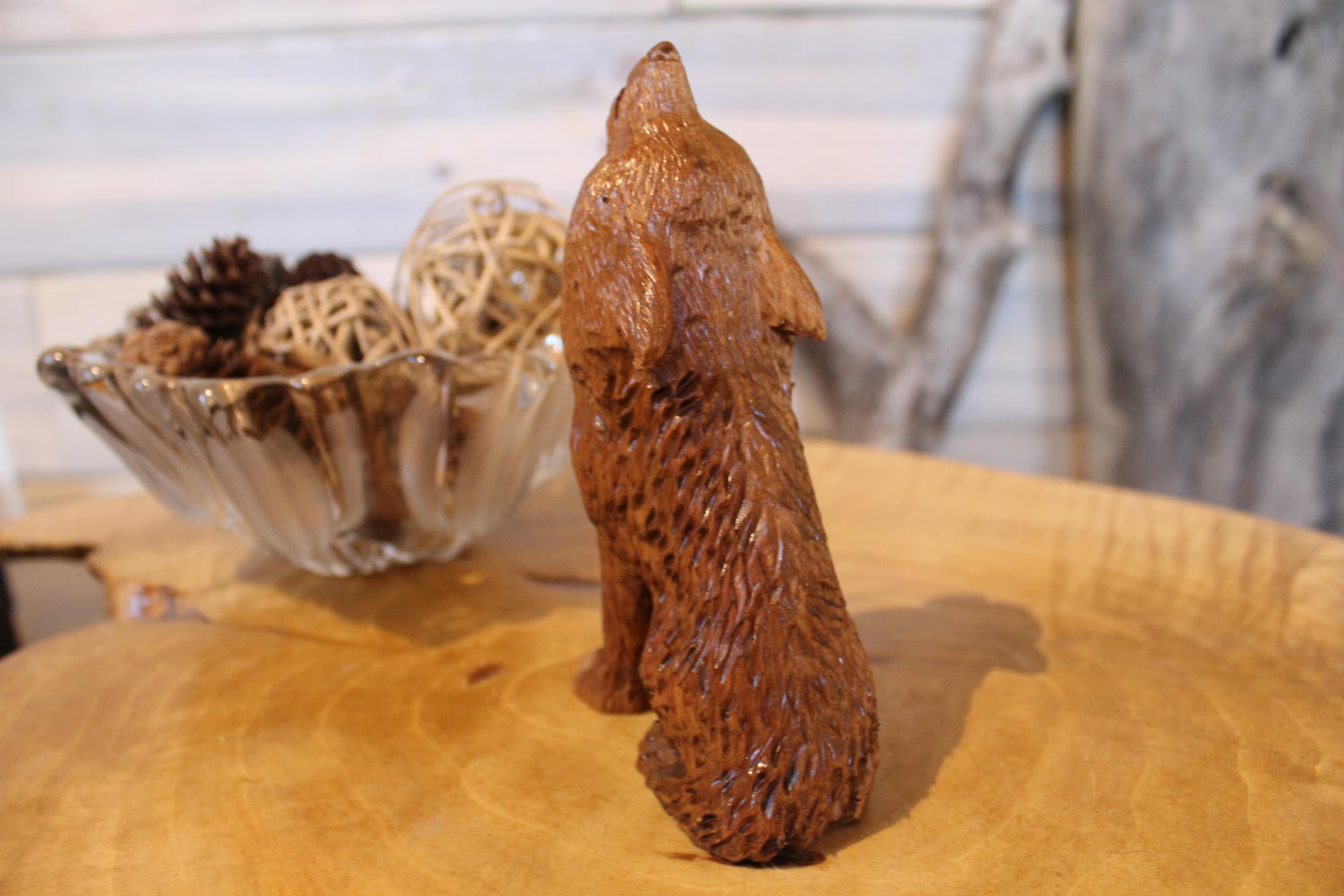 Hand Carved Wooden Howling Wolf Large Figurine