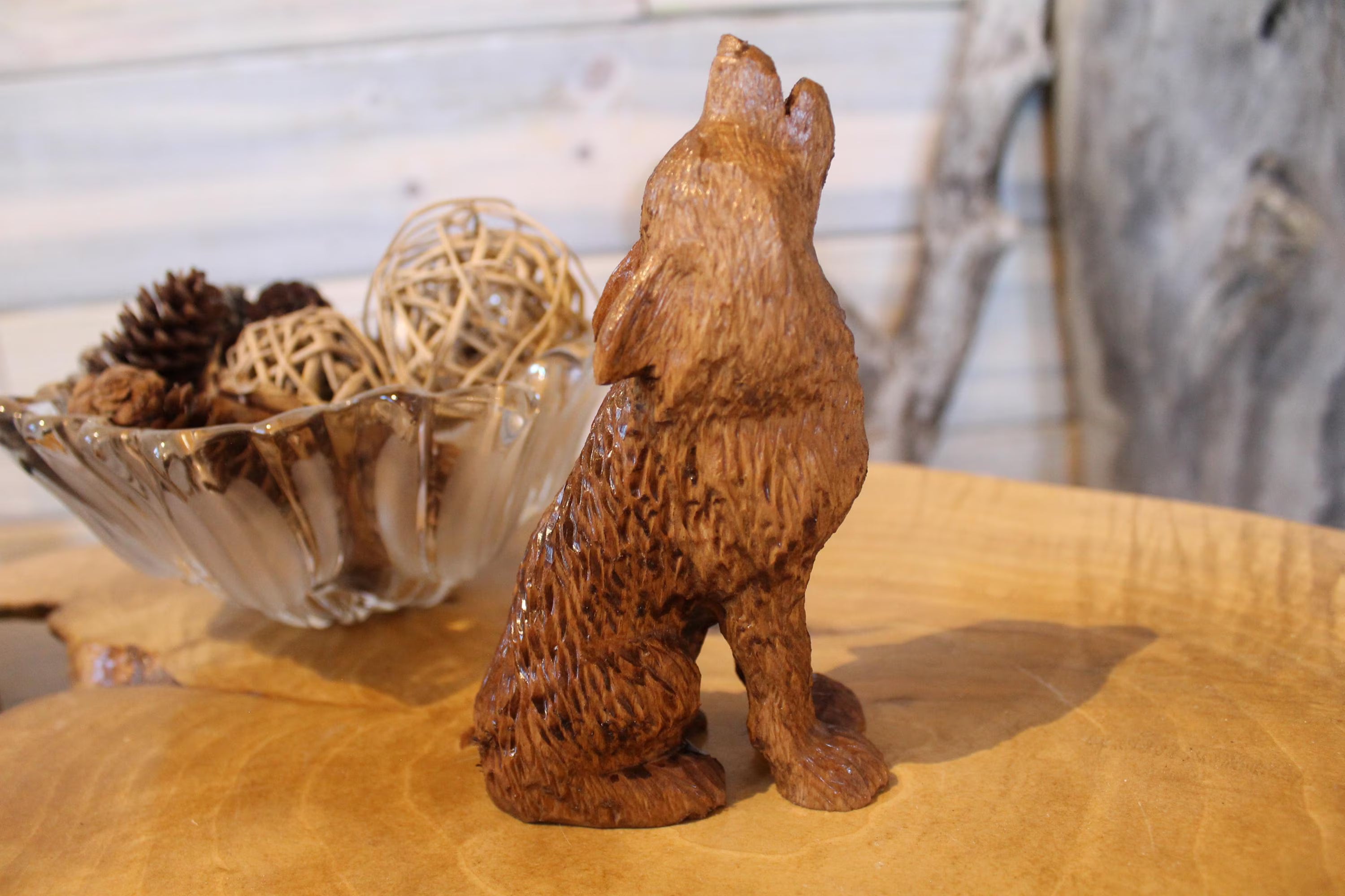 Hand Carved Wooden Howling Wolf Large Figurine
