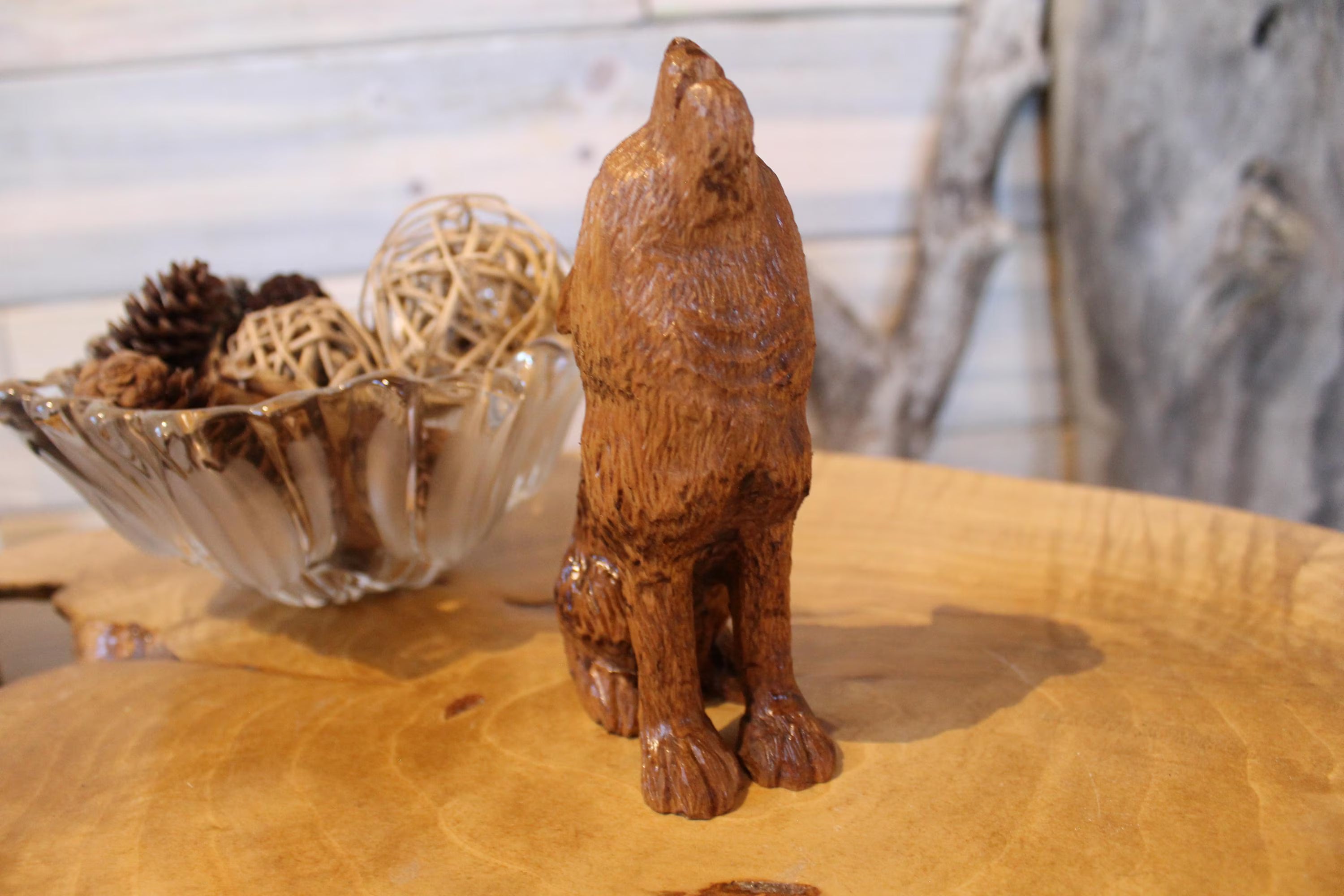 Hand Carved Wooden Howling Wolf Large Figurine